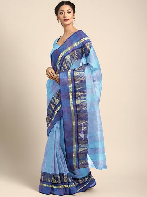 Sky Blue Hand Woven Lucknowi Cotton Saree – zarikaariindia.com