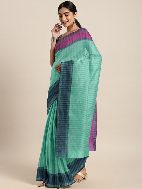Kalakari India Turquoise Cotton Woven Saree With Unstitched Blouse Price in India