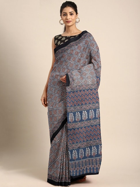 Kalakari India Blue Cotton Ajrakh Print Saree With Unstitched Blouse Price in India