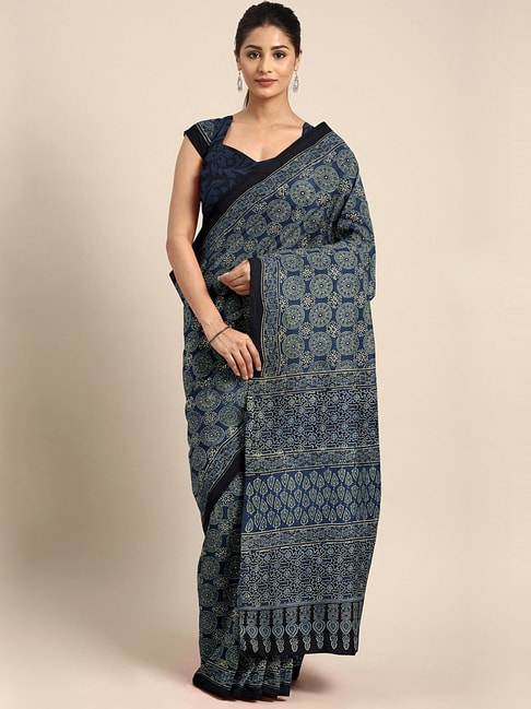 Kalakari India Blue Cotton Ajrakh Print Saree With Unstitched Blouse Price in India