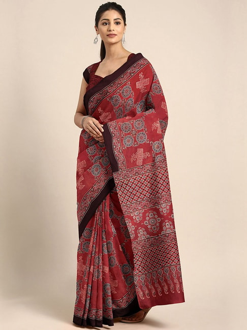 Kalakari India Red Cotton Ajrakh Print Saree With Unstitched Blouse Price in India