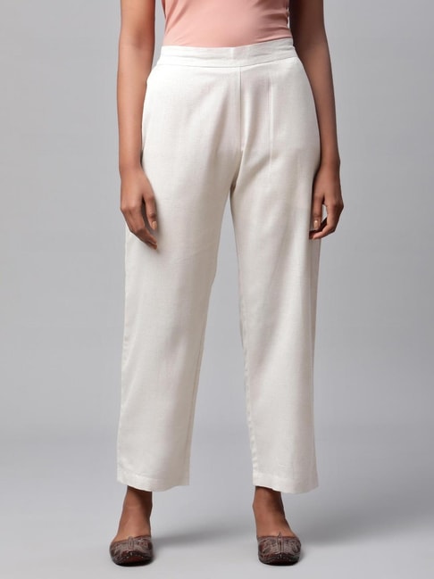 Buy Linen Club Women Off White Straight Fit Bottomwear for Women Online ...
