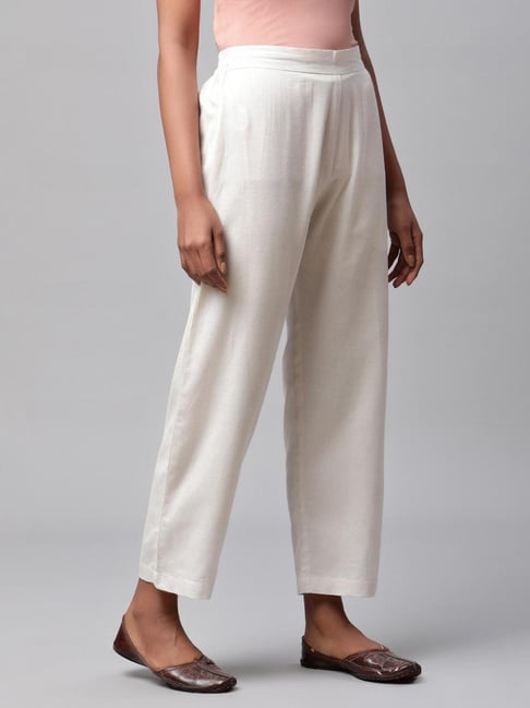 Buy Linen Club Women Off White Straight Fit Bottomwear for Women Online ...
