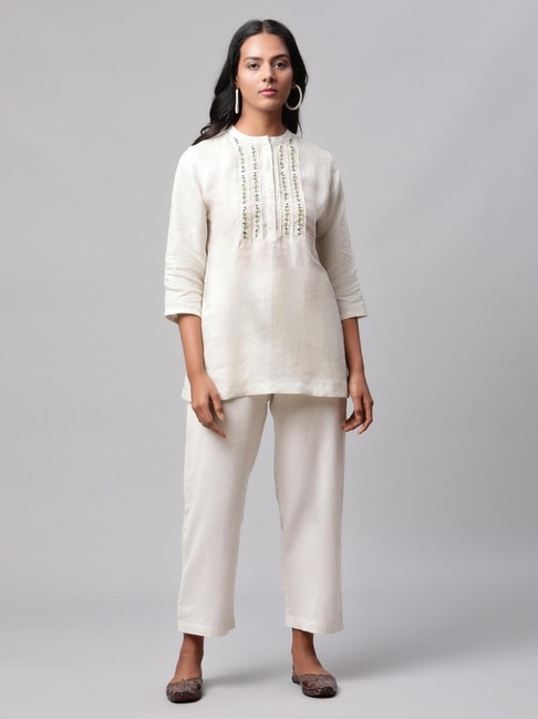Linen Club Women Off White Embroidered Kurta Price in India