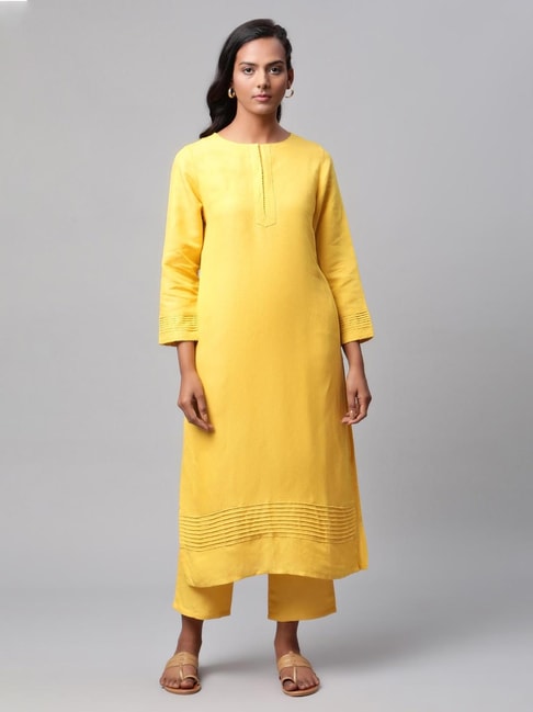 Linen Club Women Yellow Kurta Set Price in India