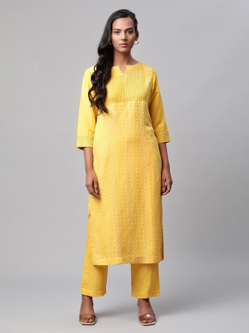 Linen Club Women Yellow Printed Kurta Set Price in India