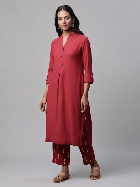 Linen Club Women Maroon Kurta Set Price in India