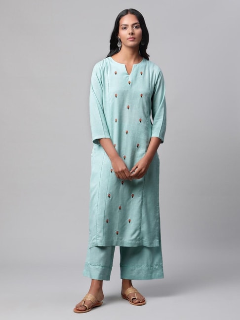 Linen Club Women Blue Embroidered Kurta Set Price in India