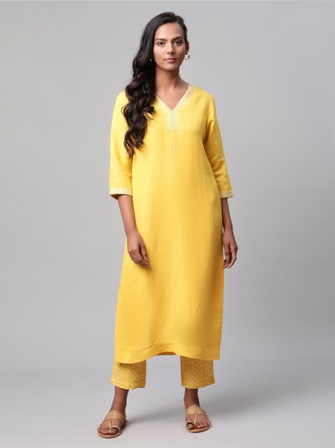 Linen Club Women Yellow Embroidered Kurta Set Price in India