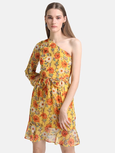 Kazo Yellow Printed One-Shoulder Dress Price in India