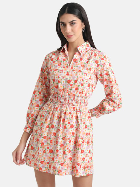 Kazo Peach Printed Empire-Line Dress Price in India