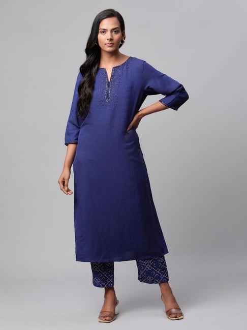 Linen Club Women Navy Embellished Kurta Set Price in India