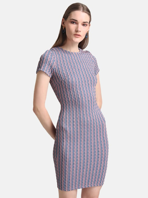 Kazo Pink & Blue Self Design Bodycon Dress Price in India