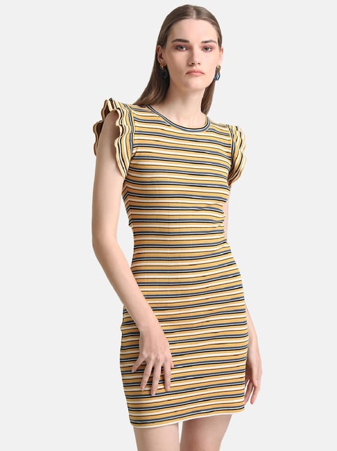 Kazo Yellow Striped Bodycon Dress Price in India