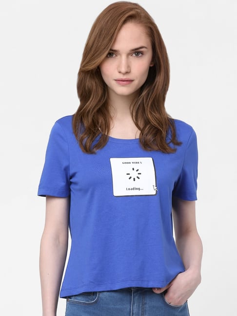 Vero Moda Blue Printed Crew T-Shirt Price in India