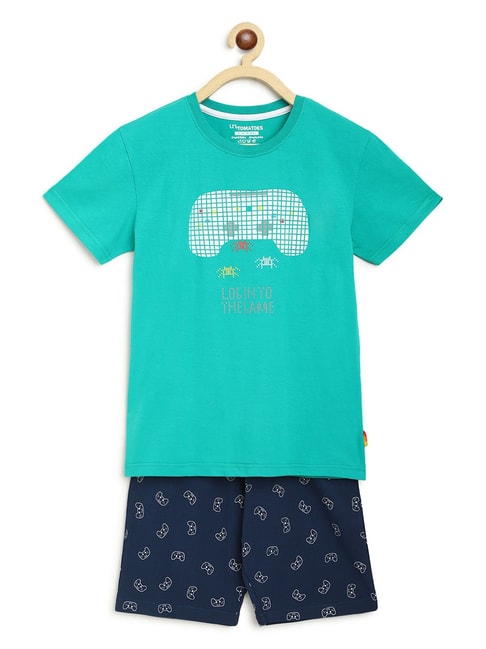 Li'l Tomatoes Kids Turquoise & Navy Printed T-Shirt with Shorts