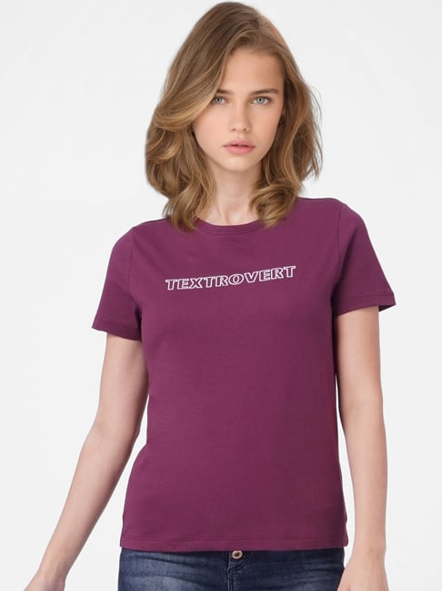 Only Magenta Printed Cotton Crew T-Shirt Price in India