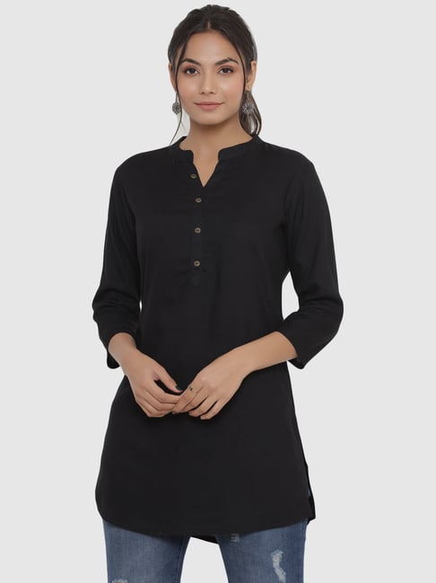 Buy HASTI Women's Rayon Straight Plain Black Color Full Stiched Short  Sleeve Knee Long Kurti for Women (hf19-XXL_Black_XXLarge) at Amazon.in