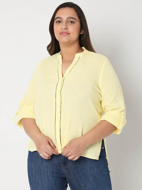 Vero Moda Curve Lime Yellow Band Neck Shirt Price in India