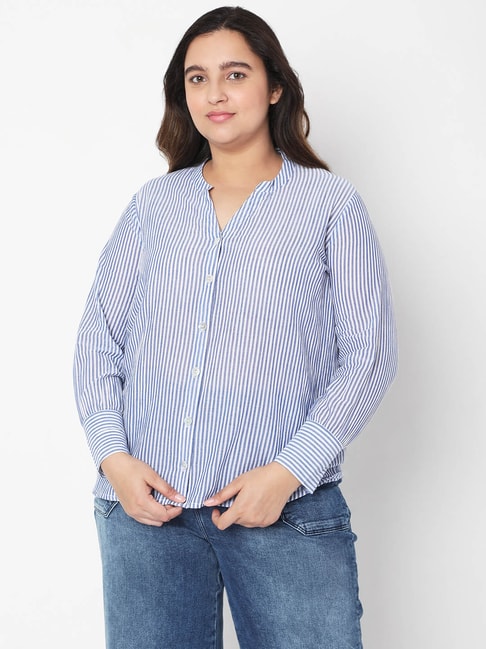 Vero Moda Curve Blue Striped Band Neck Shirt Price in India