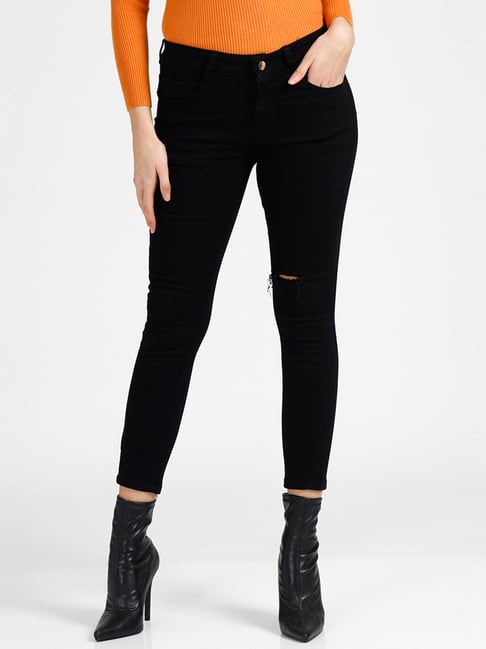 IKI CHIC Black Cotton Mid Rise Jeans