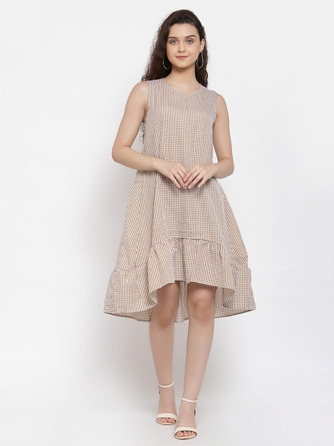 IKI CHIC Beige Chequered A-Line Dress Price in India