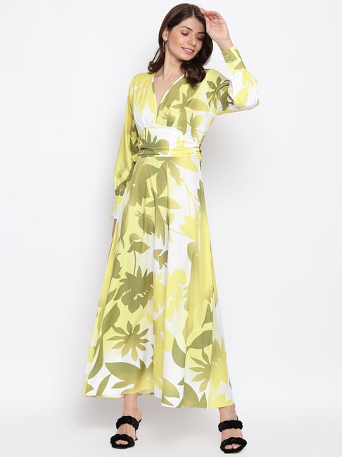 IKI CHIC Yellow & Green Printed Maxi Dress Price in India