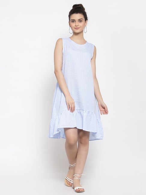 IKI CHIC White & Blue Chequered A-Line Dress Price in India