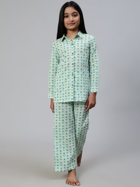Buy Aks Kids Sea Green Cotton Floral Print Night Suits for Girls