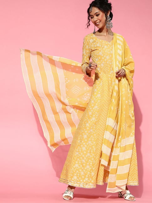 Indo Era Yellow Cotton Printed Maxi Dress Price in India