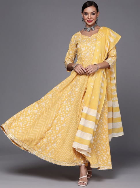 Indo Era Yellow Cotton Printed Maxi Dress Price in India