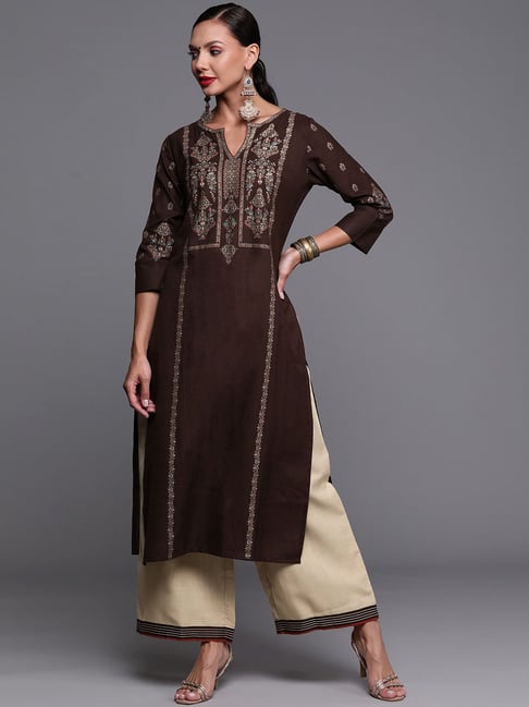 Indo Era Brown Cotton Printed Straight Kurta Price in India