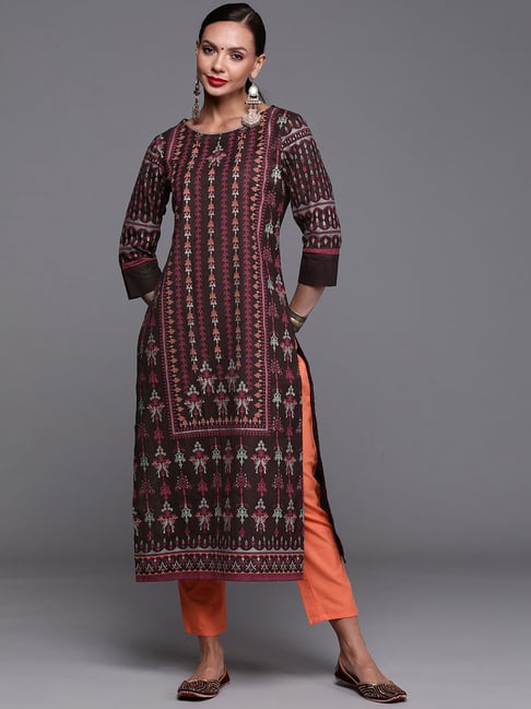 Indo Era Brown Cotton Printed Straight Kurta Price in India