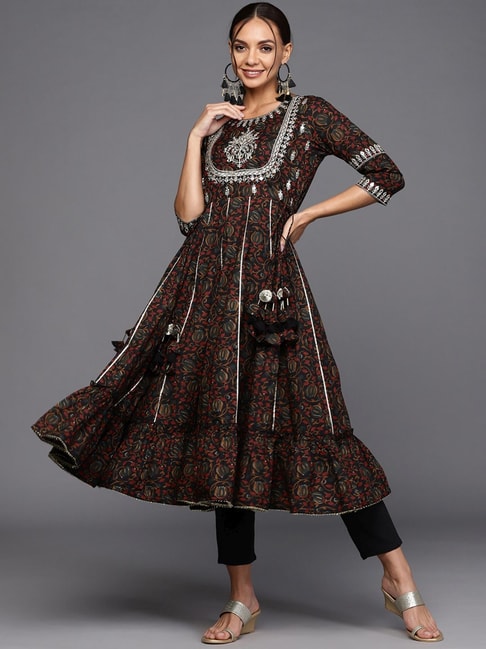 Indo Era Black Cotton Embroidered Anarkali Kurta Price in India