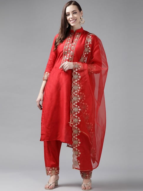 Indo Era Red Embroidered Kurta Pant Set With Dupatta Price in India