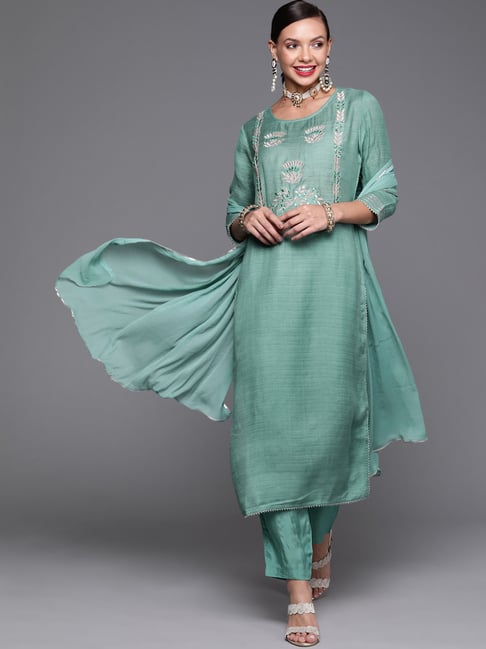 Indo Era Sea Green Embroidered Kurta Pant Set With Dupatta Price in India