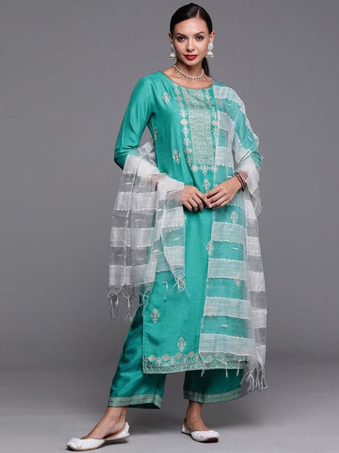 Indo Era Sea Green Printed Kurta Palazzo Set With Dupatta Price in India