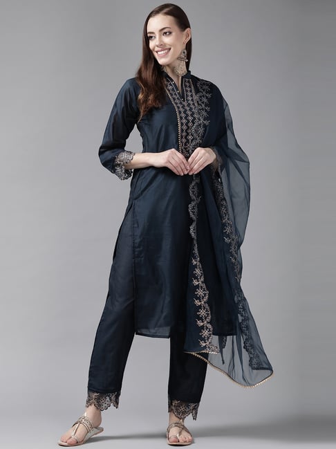 Indo Era Navy Embroidered Kurta Pant Set With Dupatta Price in India