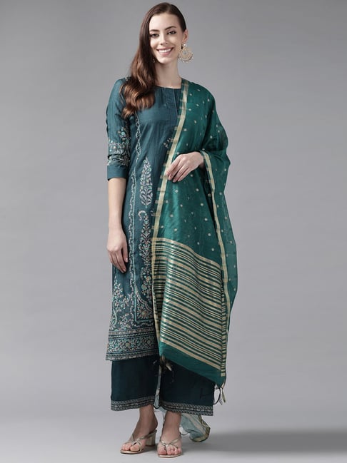 Indo Era Teal Green Printed Kurta Palazzo Set With Dupatta Price in India