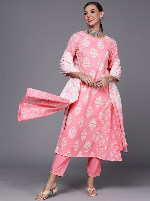 Indo Era Pink Printed Kurta Pant Set With Dupatta Price in India