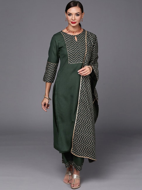 Indo Era Green Printed Kurta Pant Set With Dupatta Price in India