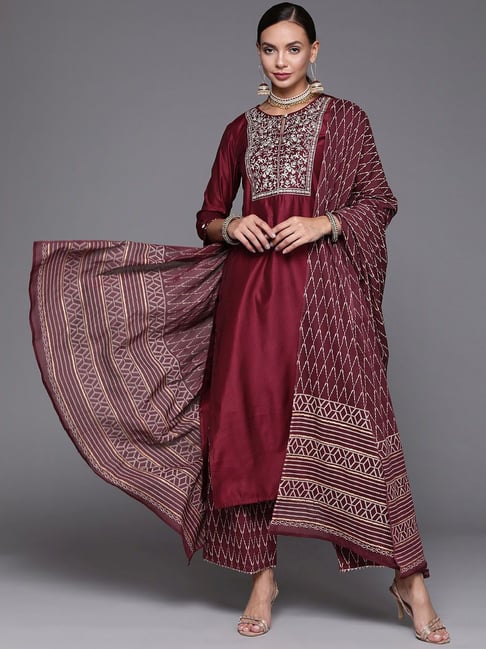 Indo Era Maroon Embroidered Kurta Palazzo Set With Dupatta Price in India