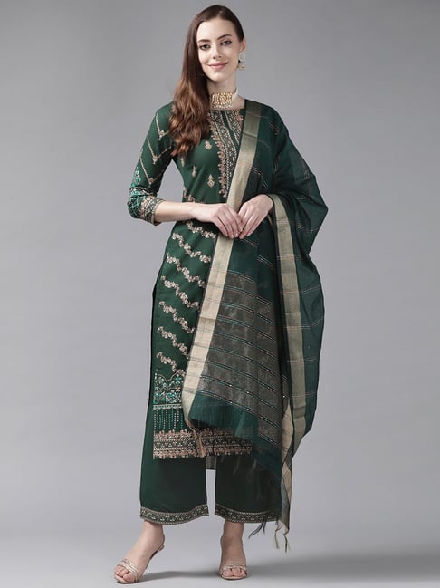 Indo Era Green Printed Kurta Palazzo Set With Dupatta Price in India