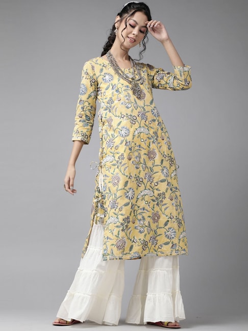 Indo Era Yellow & White Cotton Printed Kurta Sharara Set With Dupatta Price in India