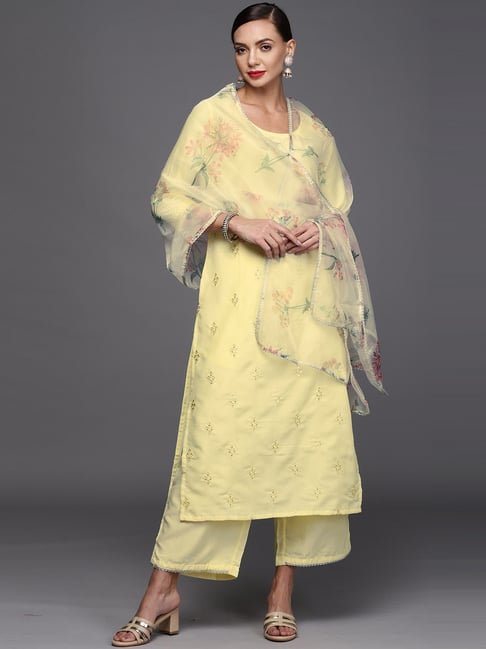 Indo Era Yellow Embroidered Kurta Palazzo Set With Dupatta Price in India