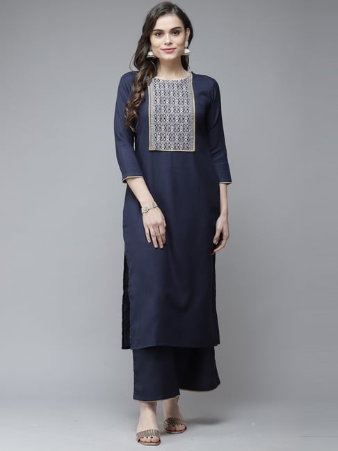 Indo Era Navy Pure Cotton Woven Pattern Kurta Palazzo Set With Dupatta Price in India