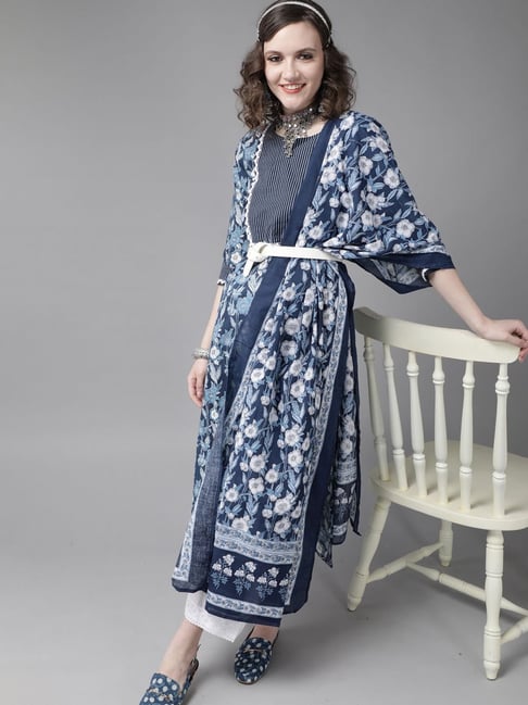 Indo Era Blue & White Pure Cotton Floral Print Kurta Palazzo Set With Dupatta Price in India