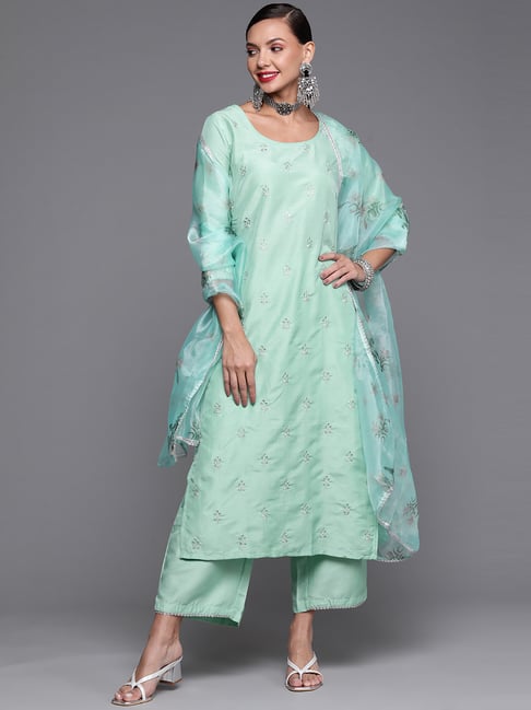 Indo Era Green Embroidered Kurta Palazzo Set With Dupatta Price in India