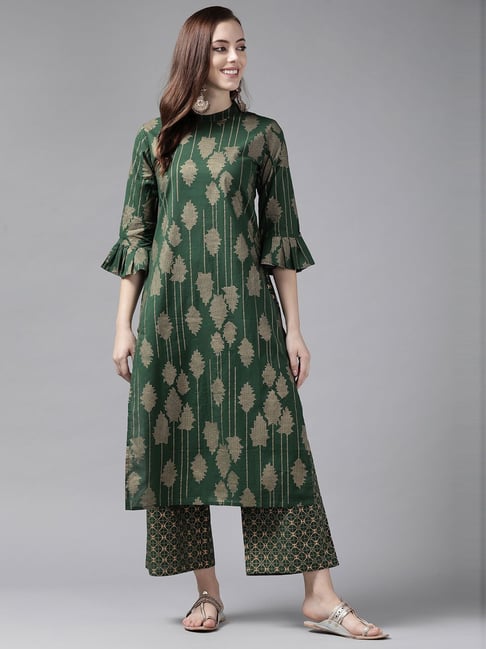 Indo Era Green Pure Cotton Printed Kurta Palazzo Set With Dupatta Price in India