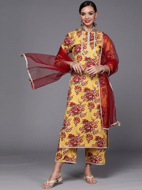 Indo Era Yellow & Red Printed Kurta Palazzo Set With Dupatta Price in India